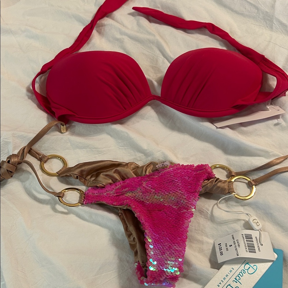 Beach bunny sparkle pink bottoms size S & bandeau top Sirens song